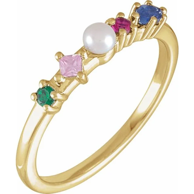 Ladies glossy finish rings -14K Yellow Gold Cultured Freshwater Pearl & Natural Multi-Gemstone Ring