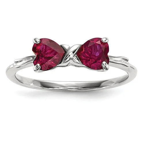 Ladies barely-there rings -14k White Gold Created Ruby 2- Stone Heart Bow Ring