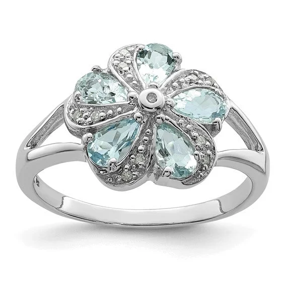 Ladies gala brilliance rings -Sterling Silver Genuine Aquamarine Diamond Flower Ring