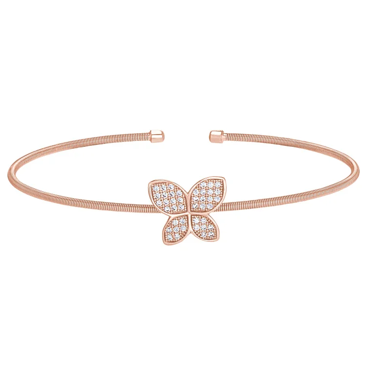 Ladies Bracelets for Chef Spark-Rose Gold Finish Sterling Silver Cable Cuff Butterfly Bracelet with Simulated Diamonds