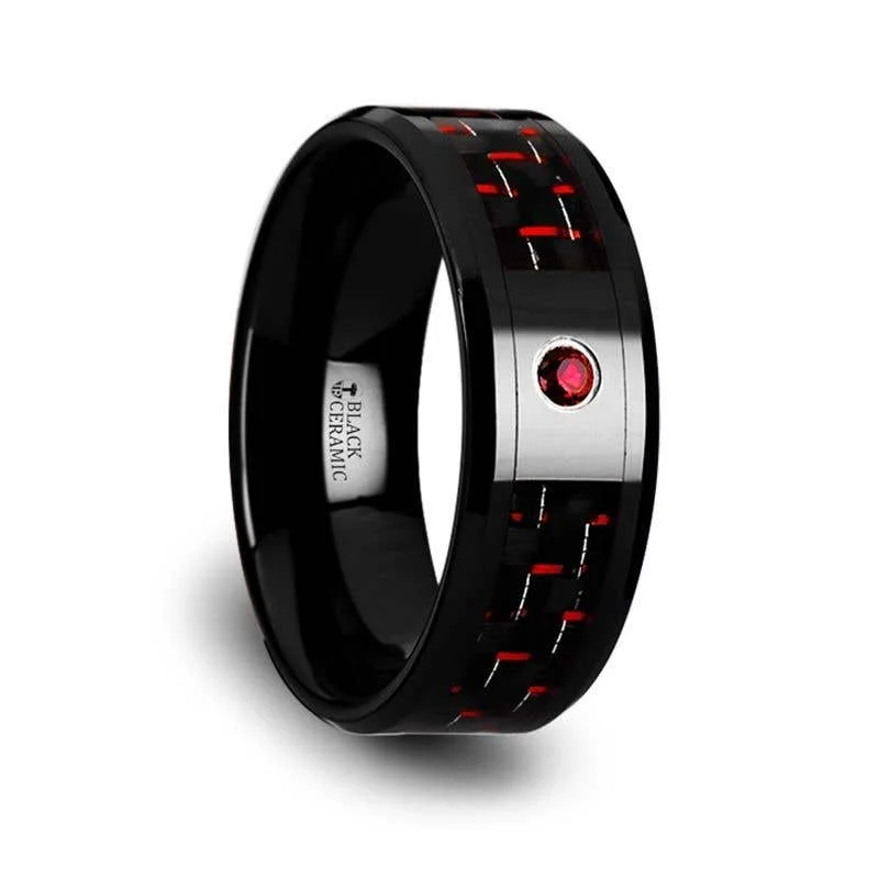 Ladies glass luster rings -Thorsten SORRELL Black Ceramic Ring Black and Red Carbon Fiber Ruby Setting - 8mm