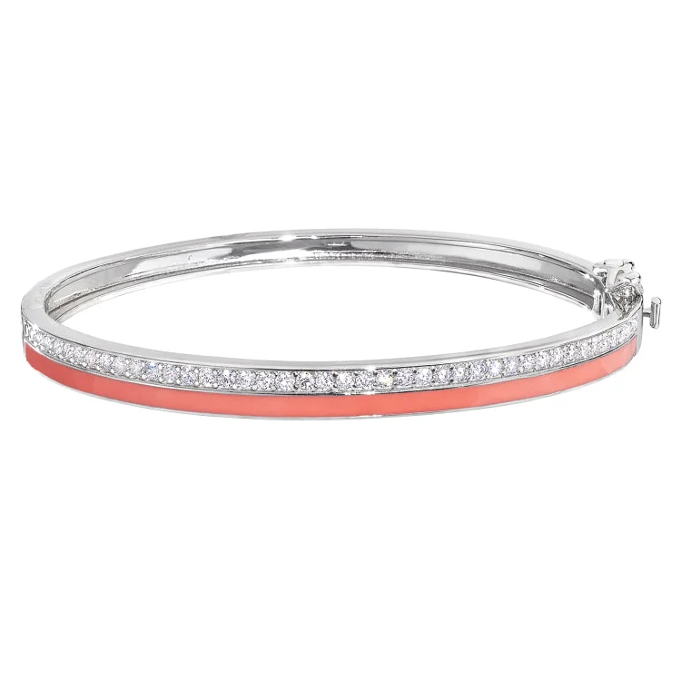 Ladies Bracelets in Rose Shine-Platinum Finish Sterling Silver Micropave Hinged Bangle Bracelet with with Coral Enamel and Simulated Diamonds