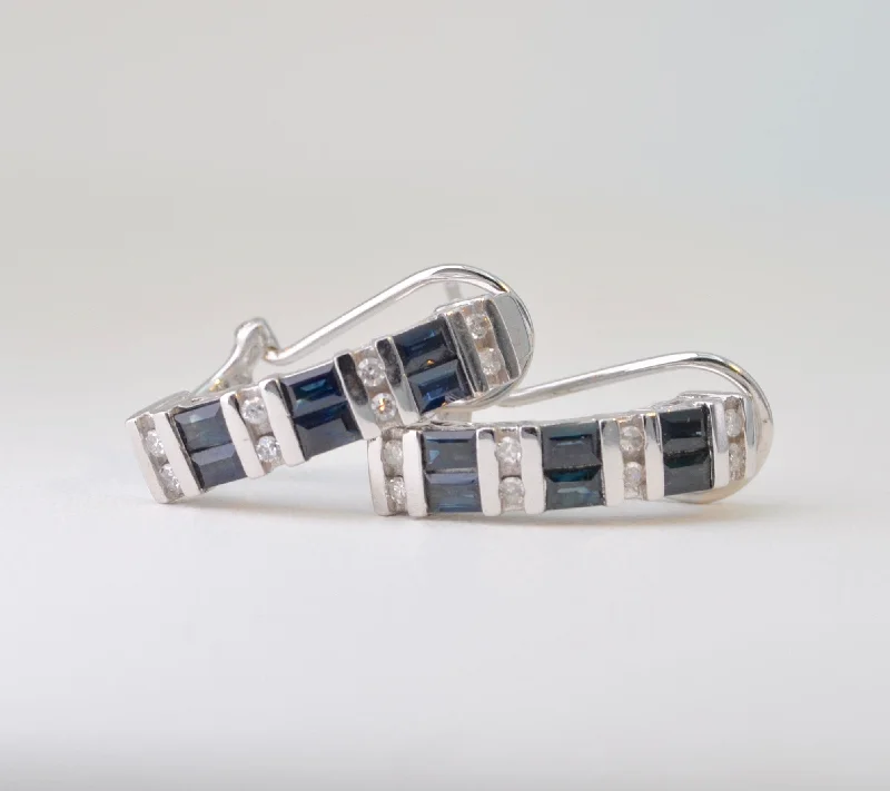 Ladies sandy coast earrings -Sapphire and Diamond Hoop Earrings in 10K White Gold