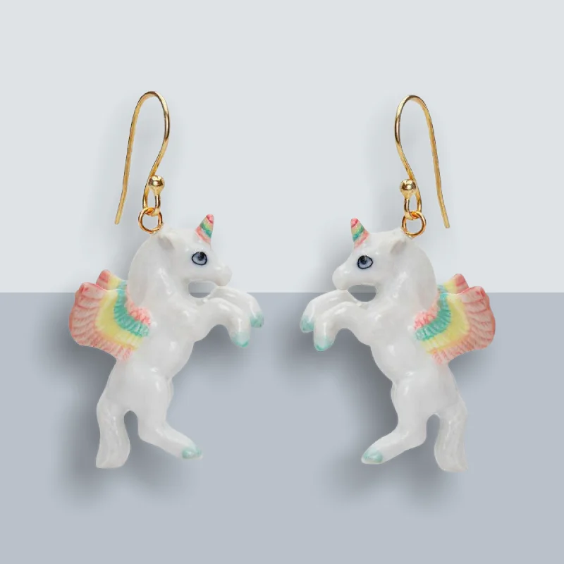 Ladies clustered gem earrings -Flying Unicorn Pastel Rainbow earrings by AndMary