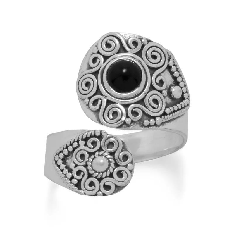 Ladies sacred cross rings -Sterling Silver Black Onyx Ornate Wrap Ring