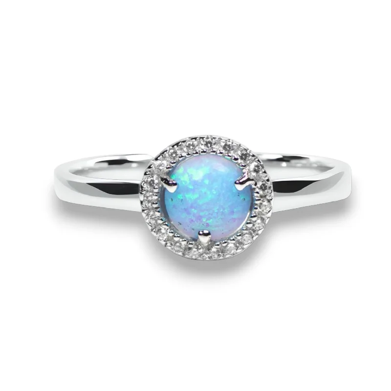 Ladies healing vibe rings -Sterling Silver Light Blue Opal and CZ Halo Ring