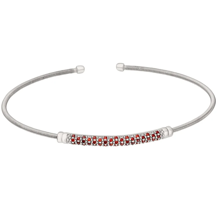 Ladies Bracelets for Dream Spark-Rhodium Finish Sterling Silver Cable Cuff Bracelet with Three Rows of Simulated Ruby Birth Gems - July