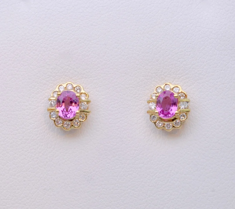 Ladies galactic flare earrings -Diamond and Pink Sapphire Post Earrings in 14K Yellow Gold