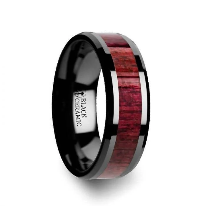 Ladies timeless vintage rings -Thorsten MORADO Purple Heart Wood Inlaid Black Ceramic Ring with Beveled Edges - 8mm