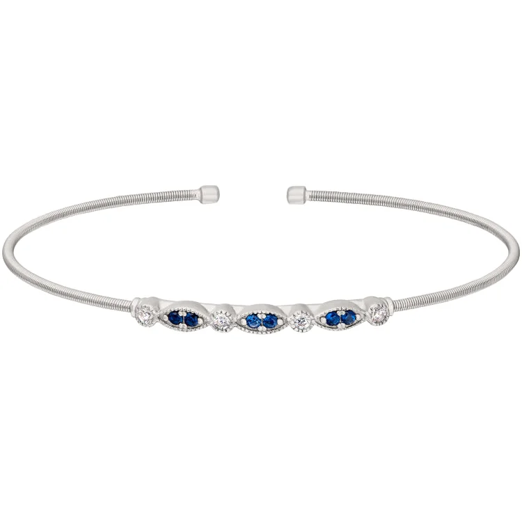 Ladies Bracelets Light Spark-Rhodium Finish Sterling Silver Cable Cuff Bracelet with Simulated Blue Sapphire and Simulated Diamond Marquis & Round Design