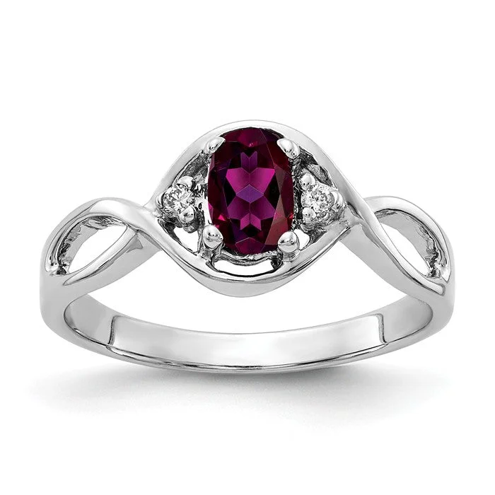 Ladies evening radiance rings -14k White Gold 6x4mm Oval Rhodolite Garnet and Diamond Infinity Style Ring