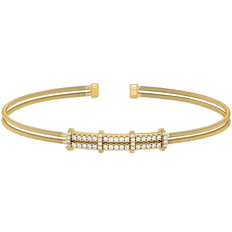 Gold Finish Sterling Silver Two Cable Cuff Bracelet with Two Row Simulated Diamond Pattern