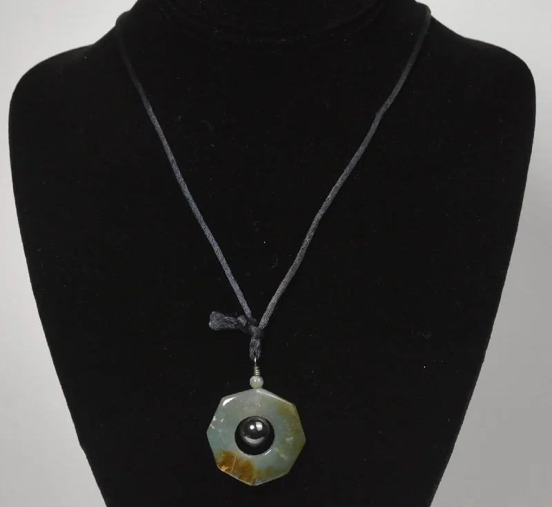 Ladies Necklaces with Hex Spark-Nephrite Jade and Magnetite Pendant on Black Silk Cord Necklace