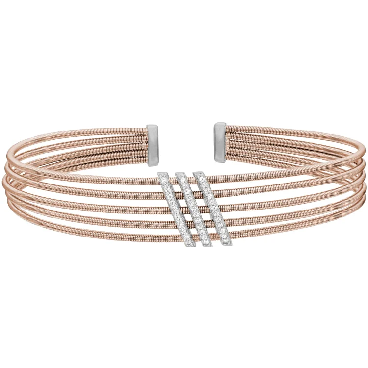 Ladies Bracelets with Lock Shine-Rose Gold Finish Sterling Silver Multi Cable Cuff Bracelet with Rhodium Finish Simulated Diamond Three Diagonal Bars