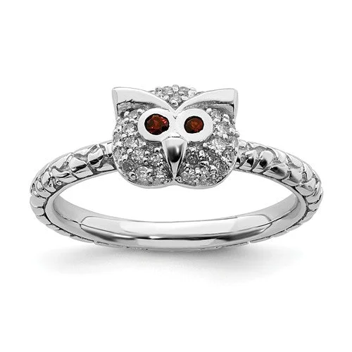 Ladies romantic heart rings -Sterling Silver Stackable Expressions Garnet & Diamond Owl Ring