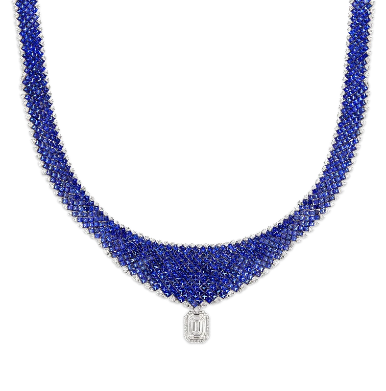 Ladies Necklaces with Beaded Glow-Invisible Set Sapphire Necklace, 100.00 Carats