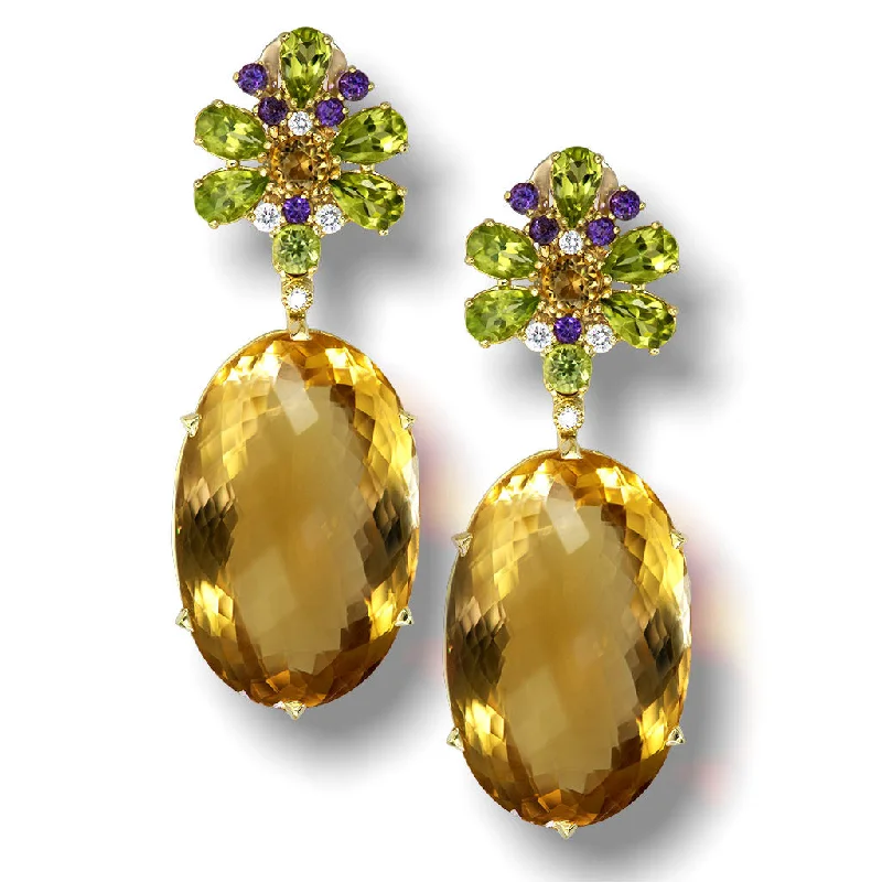 Ladies solar burst earrings -Gold Blossom Drop Earrings with Citrine & Peridot