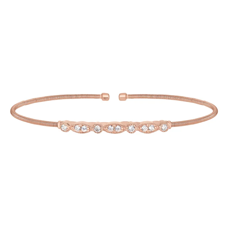 Ladies Bracelets for Mom Shine-Rose Gold Finish Sterling Silver Cable Cuff Bracelet with Simulated Diamond Marquis & Round Design