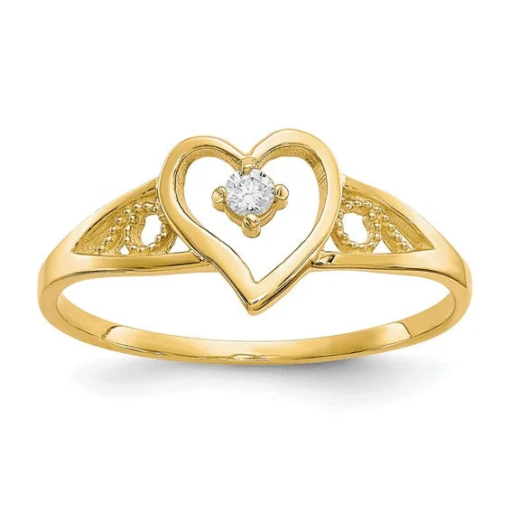 Ladies rural charm rings -10k Gold Heart with Center CZ and Filigree Side Ring