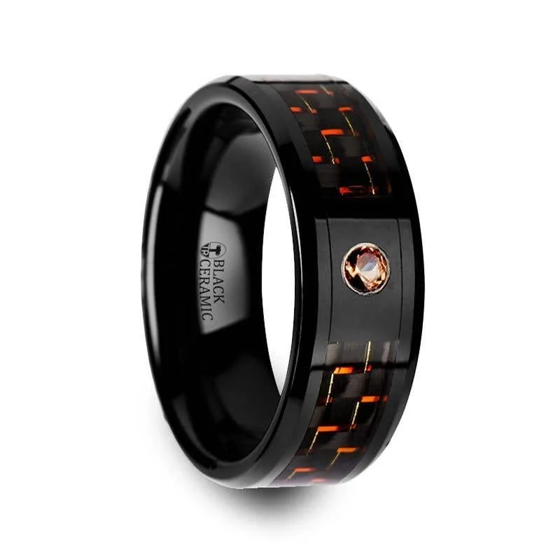 Ladies twinkling diamond rings -Thorsten HELSING Black Ceramic Ring Black Orange Carbon Fiber Padparadscha Sapphire Setting - 8mm