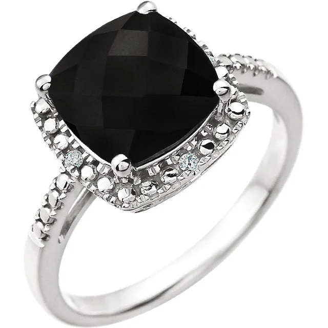 Ladies unicorn magic rings -14k White Gold 9mm Cushion Cut Onyx & Diamond Halo-Style Ring