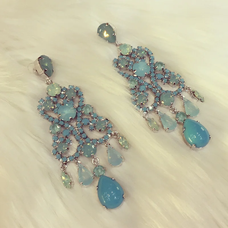 Ladies strong spirit earrings -Turquoise Earrings Blue Glass and Crystal Chandelier Pierced by Frangos