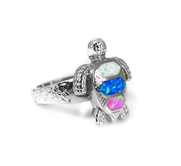 Ladies anchor strength rings -Sterling Silver Multi-Color Opal Sea Turtle Ring with Hawaiian Floral Band