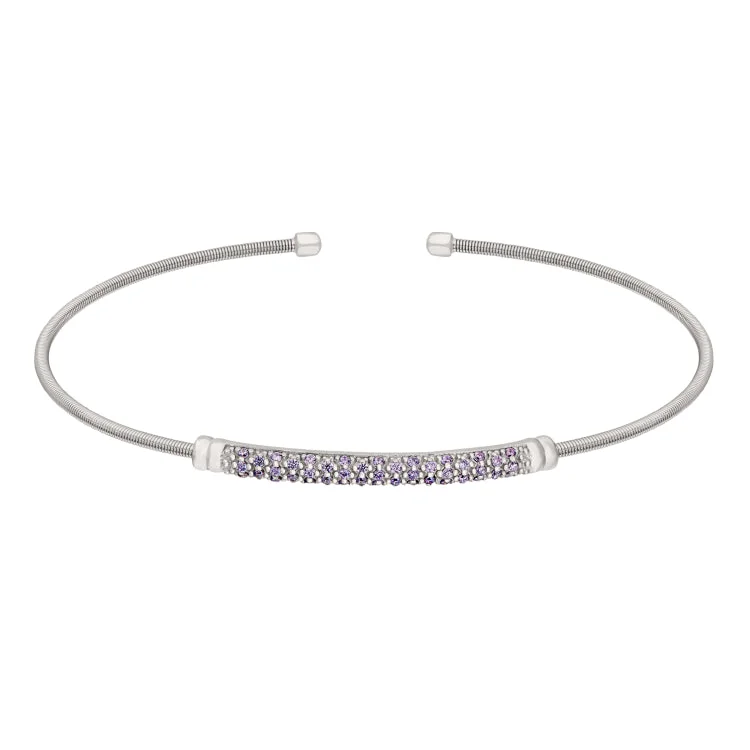 Ladies Bracelets Open Glow-Rhodium Finish Sterling Silver Cable Cuff Bracelet with Three Rows of Simulated Amethyst Birth Gems - February