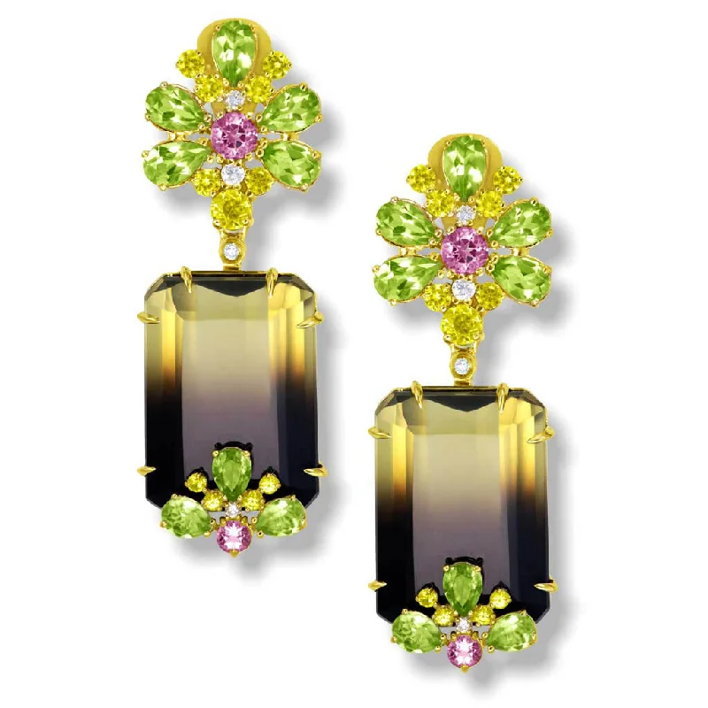 Ladies upscale gem earrings -Gold Blossom Earrings with Quartz, Peridot & Sapphire