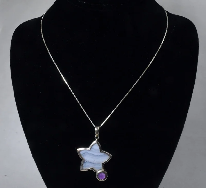 Ladies Necklaces with Round Spark-Sterling Silver Blue Lace Agate and Amethyst Star Pendant on Sterling Silver Chain Necklace