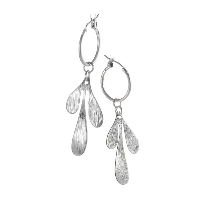 Ladies dramatic statement earrings -Hot Tomato Leaf Charm Captured on Hoop Earrings in Worn Silver