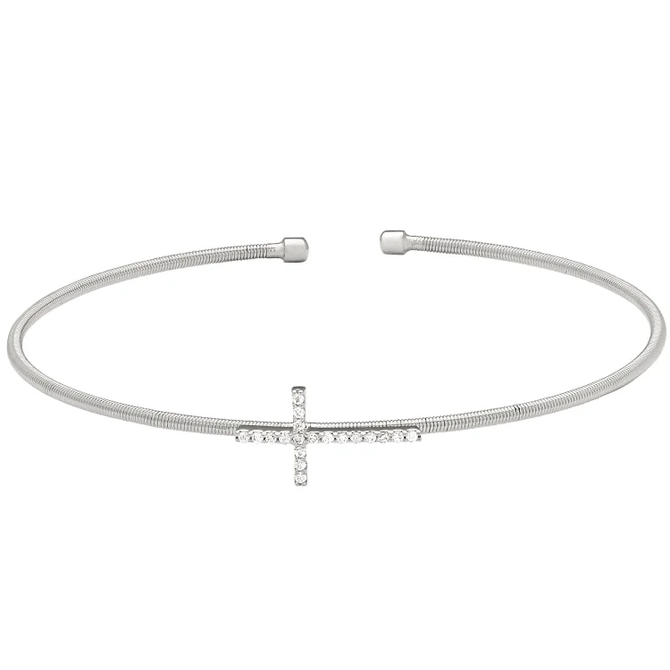 Ladies Bracelets for Founder Glow-Rhodium Finish Sterling Silver Cable Cuff Cross Bracelet with Simulated Diamonds