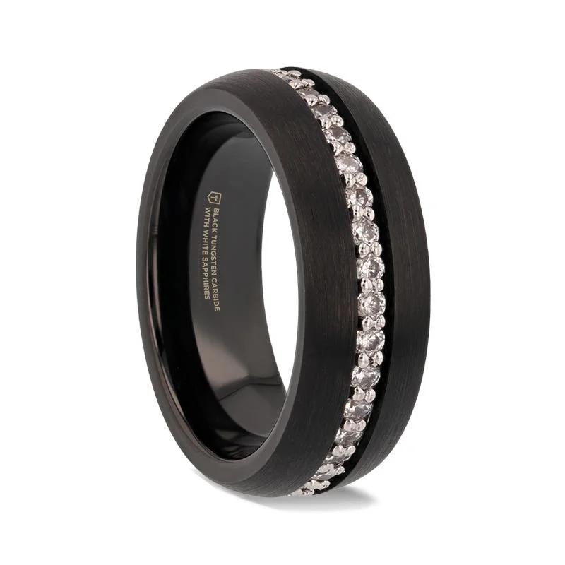 Ladies mirror polish rings -Thorsten TSAR Black Tungsten Carbide Ring Domed Brushed Finish White Sapphires - 8mm