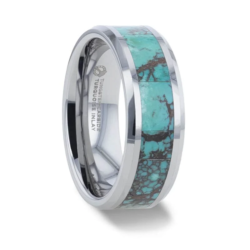 Ladies cherished antique rings -Thorsten TURKIS Turquoise Spider Web Inlay Tungsten Carbide ring with Beveled Polished Edges - 8mm