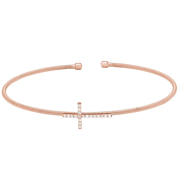 Ladies Bracelets for Office Shine-Rose Gold Finish Sterling Silver Cable Cuff Cross Bracelet with Simulated Diamonds