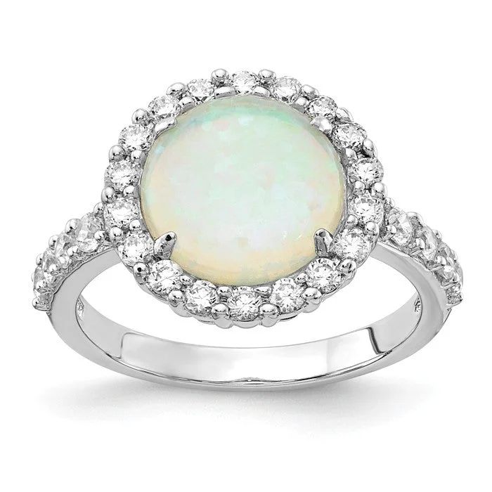 Ladies sleek band rings -Cheryl M Sterling Silver Round White Created Opal & CZ Halo Ring