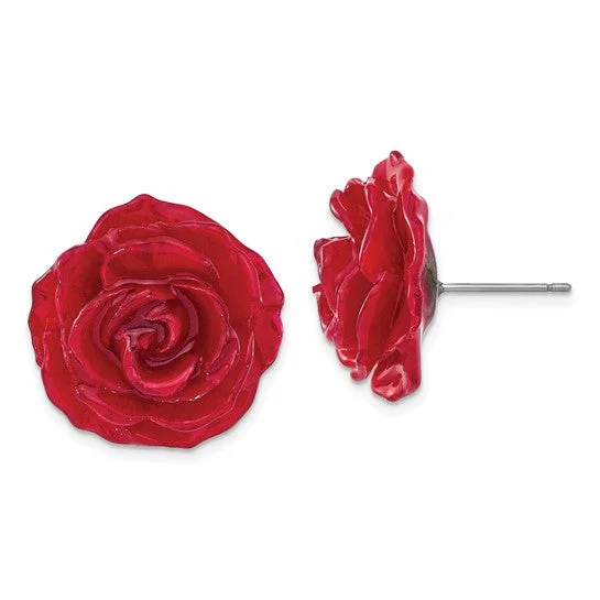 Ladies birthday sparkle earrings -Lacquer Dipped Red Real Rose Post Earrings