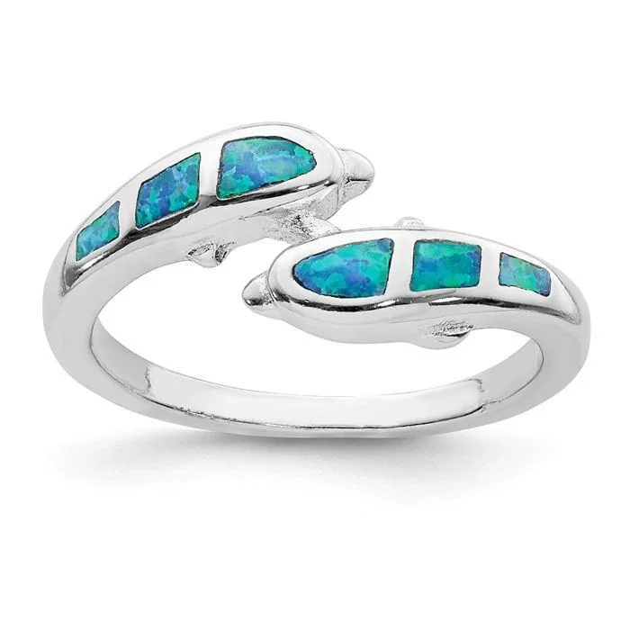 Ladies lavish luxury rings -Sterling Silver Created Blue Opal Dolphins Ring