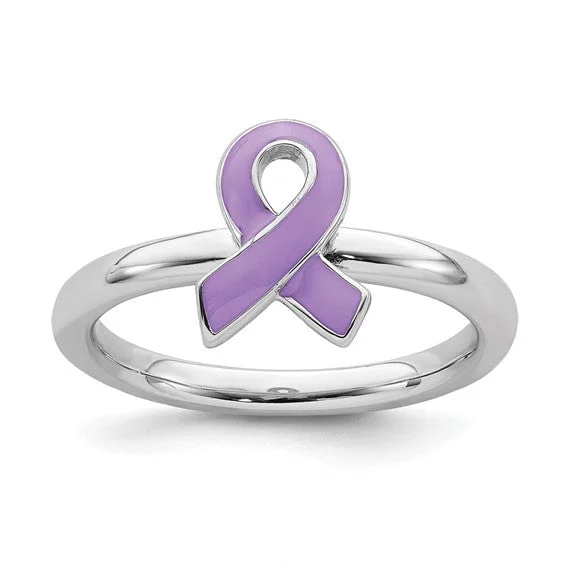 Ladies affordable chic rings -Sterling Silver Stackable Expressions Purple Enameled Awareness Ribbon Ring