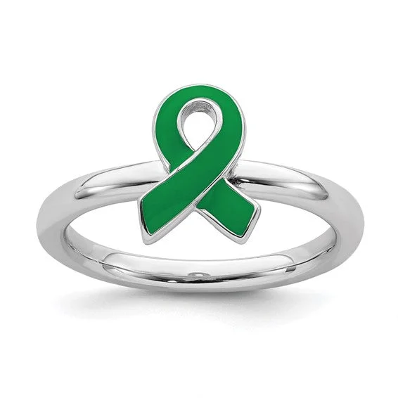 Ladies enduring classic rings -Sterling Silver Stackable Expressions Green Enameled Awareness Ribbon Ring