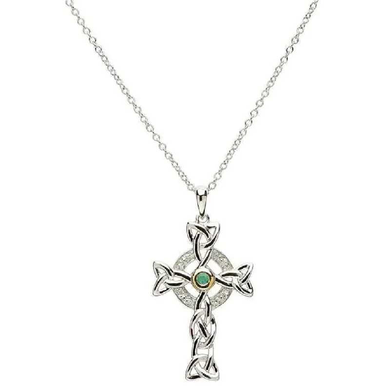 Ladies Necklaces Fresh Shine-Shanore : Trinity Knot Diamond & Emerald Silver Celtic Cross Necklace