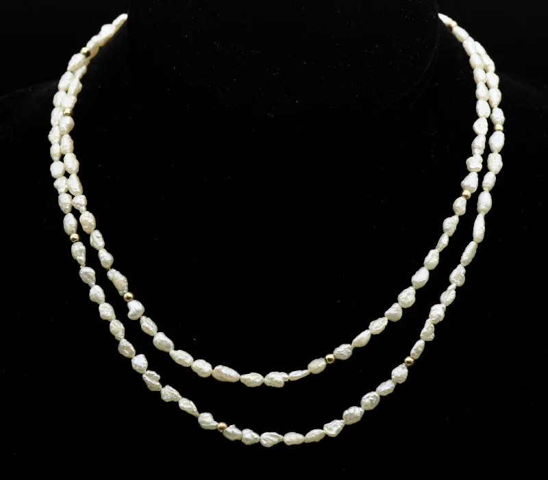 Ladies Necklaces with Pure Okenite-Freshwater Rice Pearl and Gold Bead Necklace - 32"