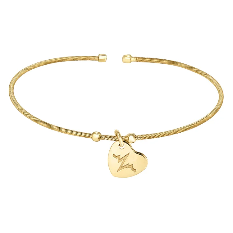 Ladies Bracelets with Fringe Spark-Gold Finish Sterling Silver Cable Cuff Bracelet with a Dangling Polished Heart Charm with a Heartbeat Design.