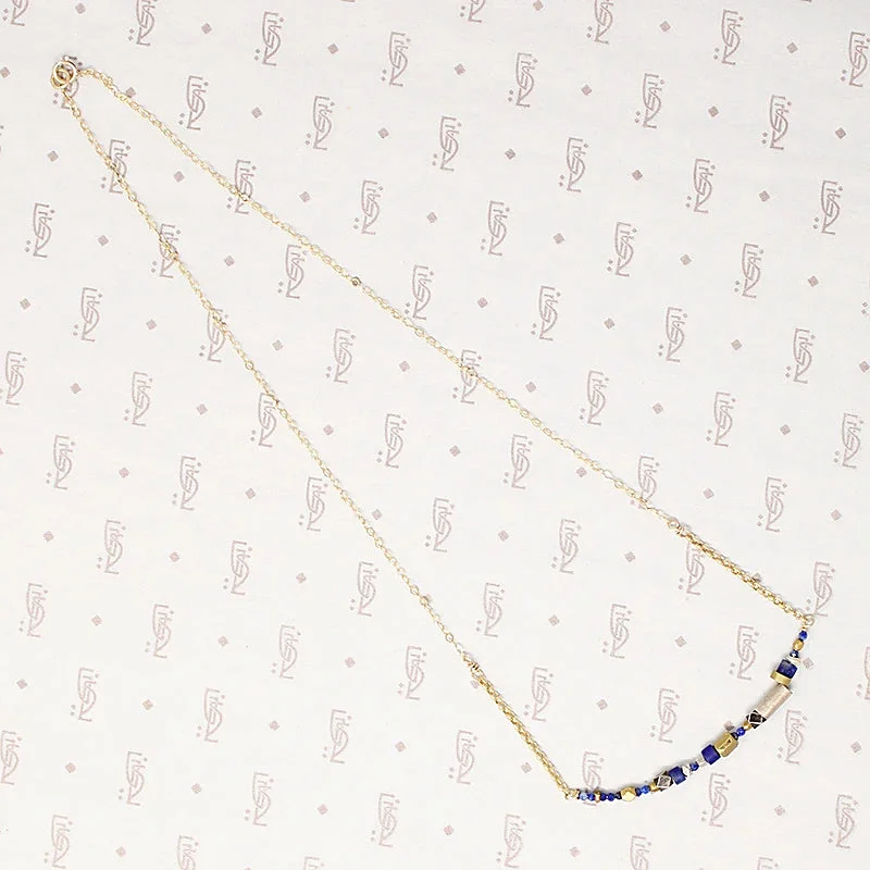 Ladies Necklaces with Teal Chrysocolla-Vivid Blue Lapis & Brass Bead Arc Necklace by Brin