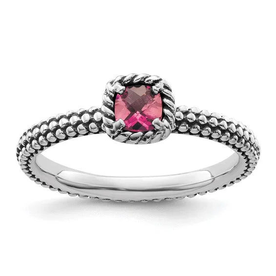 Ladies playful acrylic rings -Sterling Silver Stackable Expressions Checker-Cut Cushion Pink Tourmaline Antiqued Ring