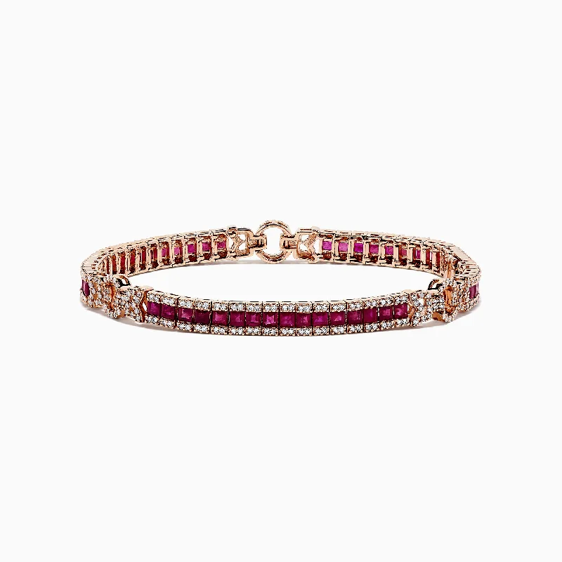 Ladies Bracelets with Feather Glow-Ruby Royale 14K Rose Gold Princess Cut Ruby and Diamond Tennis Bracelet, 7.66 TCW