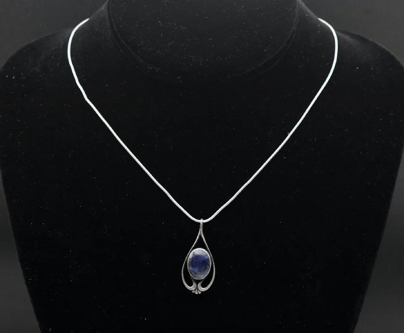 Ladies Necklaces with Stellar Gems-Vintage Sodalite Sterling Silver Pendant on Sterling Silver Italian Snake Link Chain Necklace - 16"