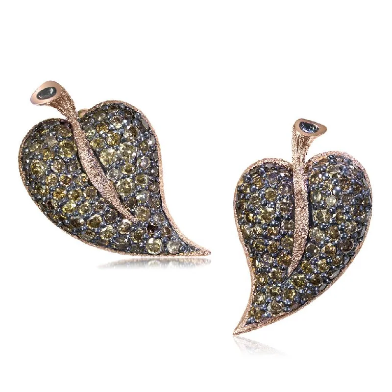 Ladies empowering glow earrings -Gold Leaf Stud Earrings with Champagne Diamonds