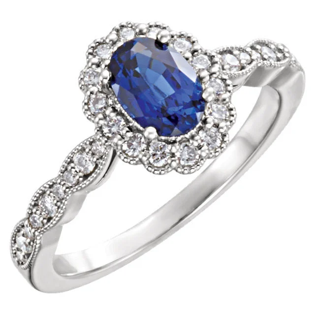 Ladies moody gothic rings -14k White Gold Oval Created Blue Sapphire & Diamond Halo Ring