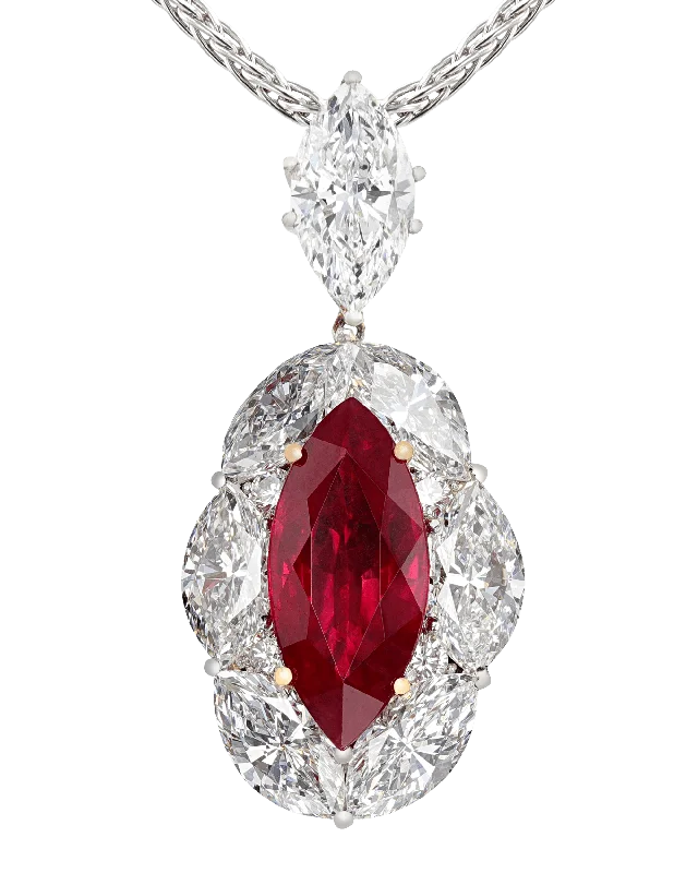 Ladies Necklaces for Special Shine-Marquise Burma Ruby Necklace, 5.04 Carats